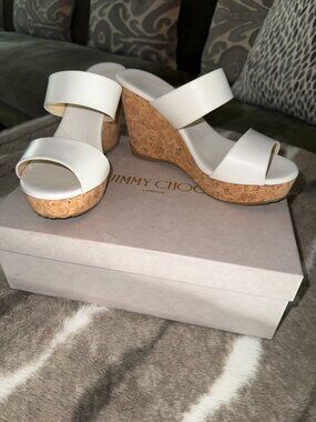 Jimmy Choo White Leather Parker Cork Wedge Sandals Size 38.5